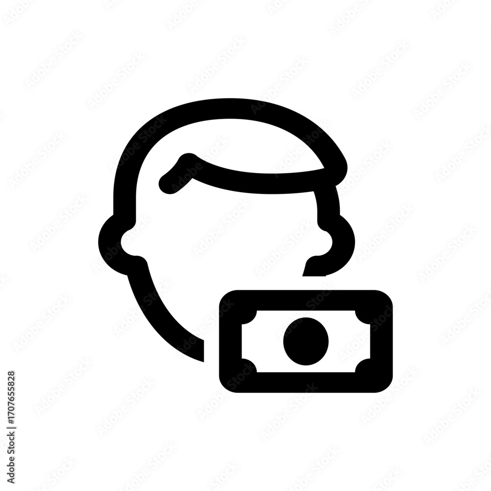 Poster outline drawing of a person's head next to a rectangular shape with a circle in the center money ico