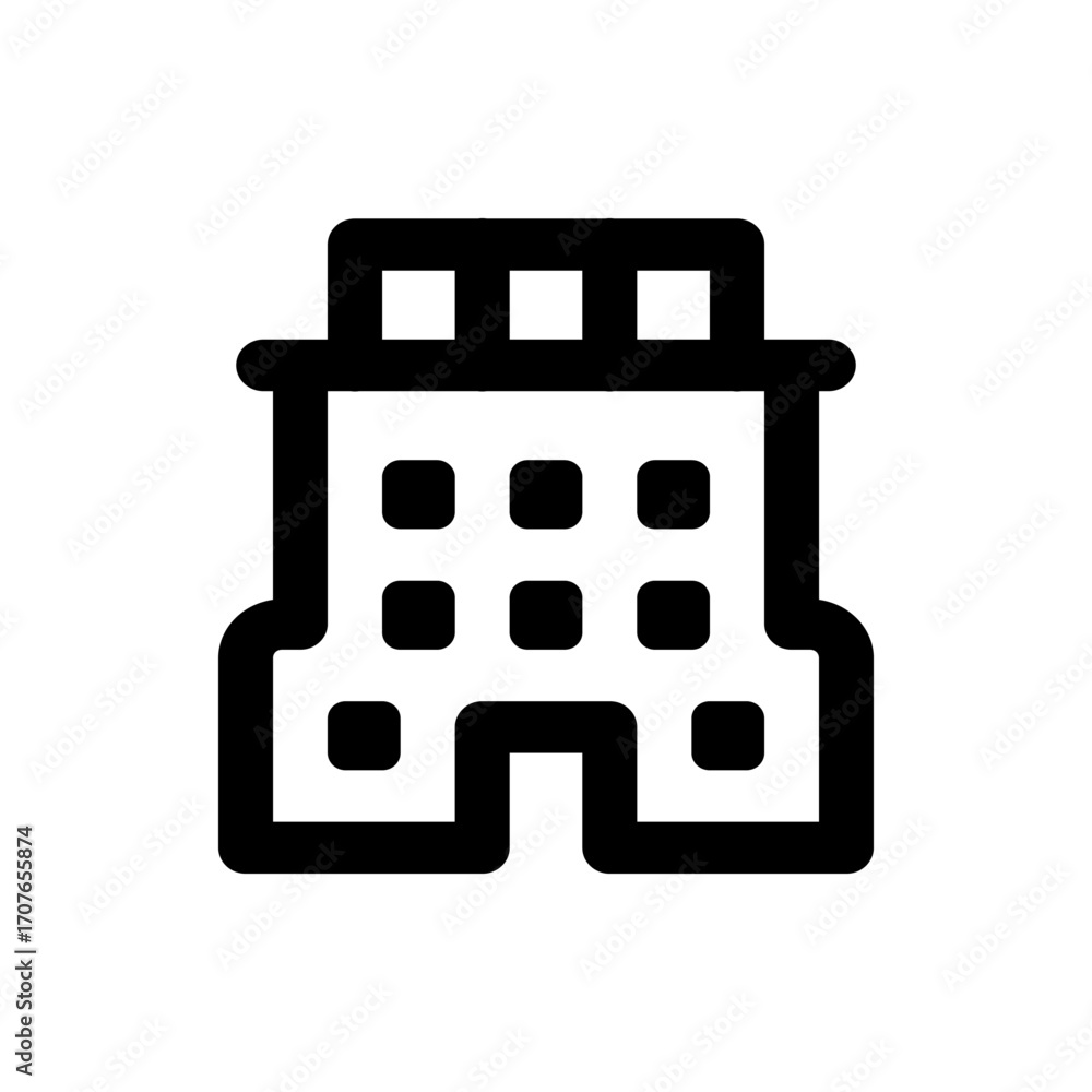 Poster illustration of a stylized building with multiple windows arranged in a grid like pattern in black a