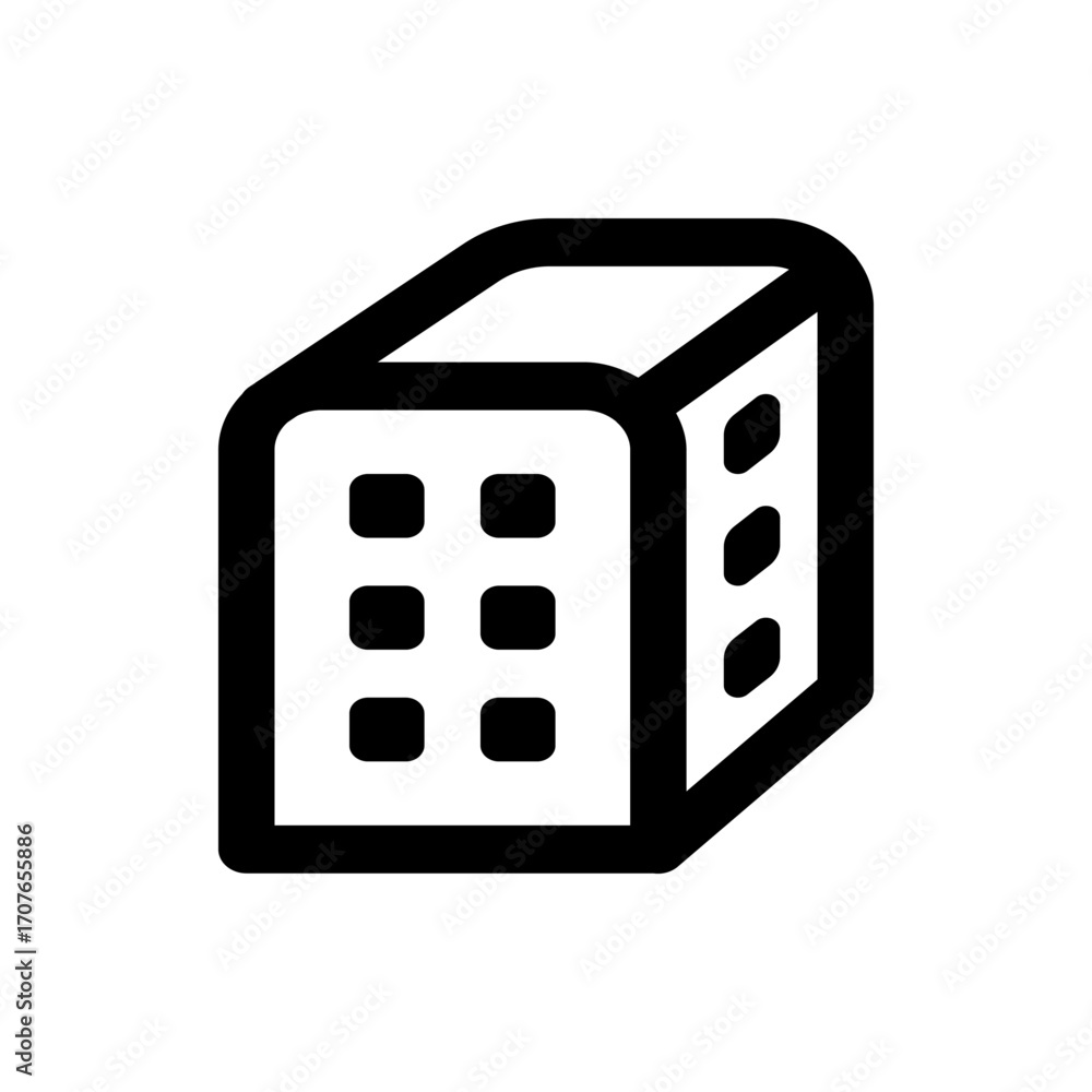 Poster illustration of a stylized building icon with rounded edges and windows in a simple black and white 