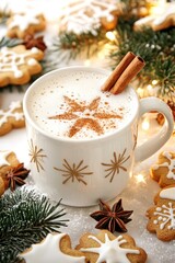 Cozy winter scene with eggnog, star anise, and cookies on a festive background