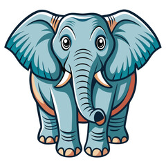 Cartoon elephant stands smiling with large ears and tusks in a cute vector