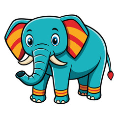 Cartoon blue elephant with striped ears and legs stands on a white background