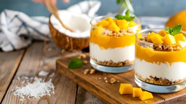 Mango parfait dessert with granola.