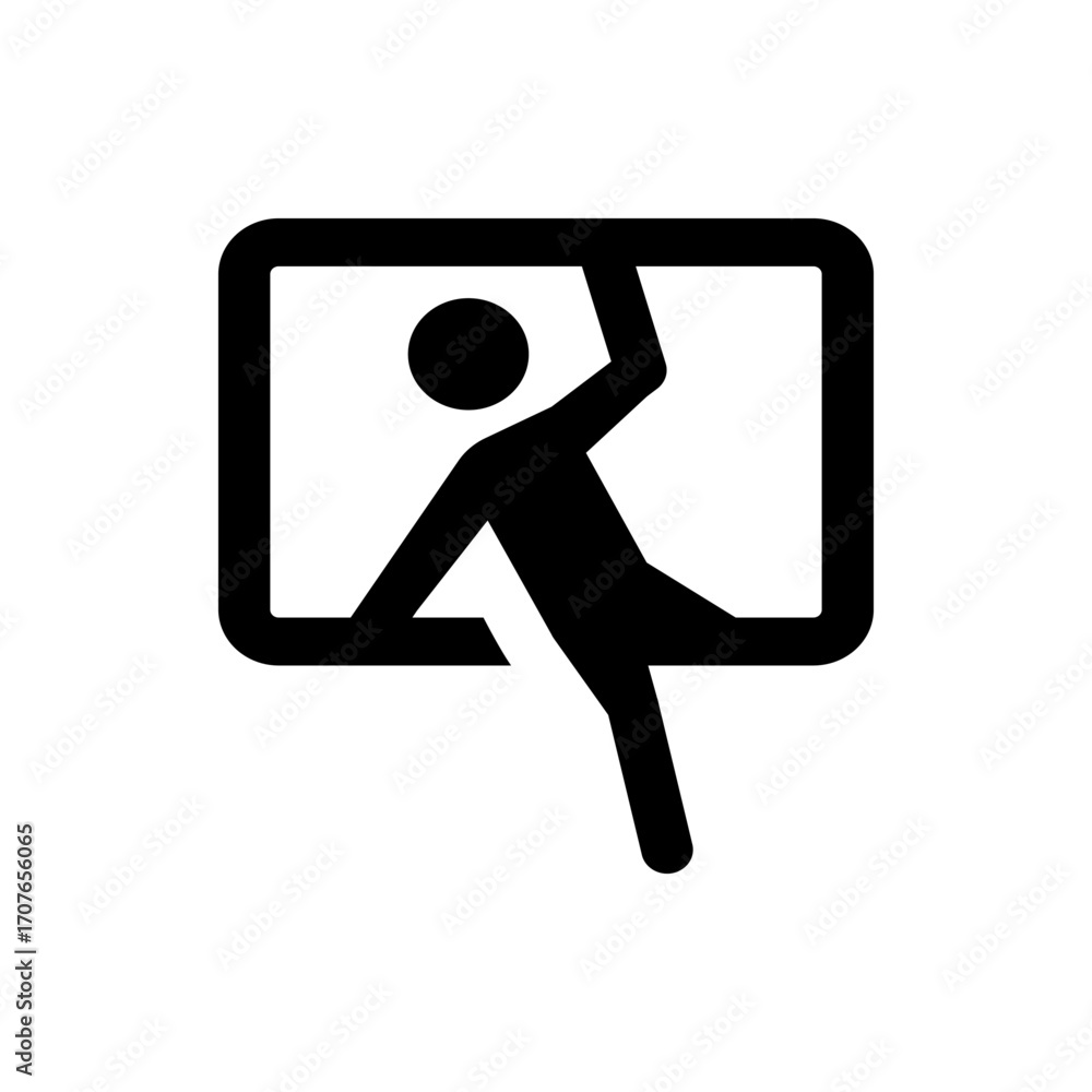 Poster Silhouette of a person climbing or hanging from a rectangular frame in a simple black and white design