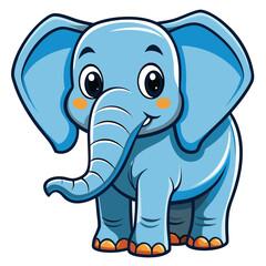 Charming blue cartoon elephant with big eyes stands happily looking at the viewer