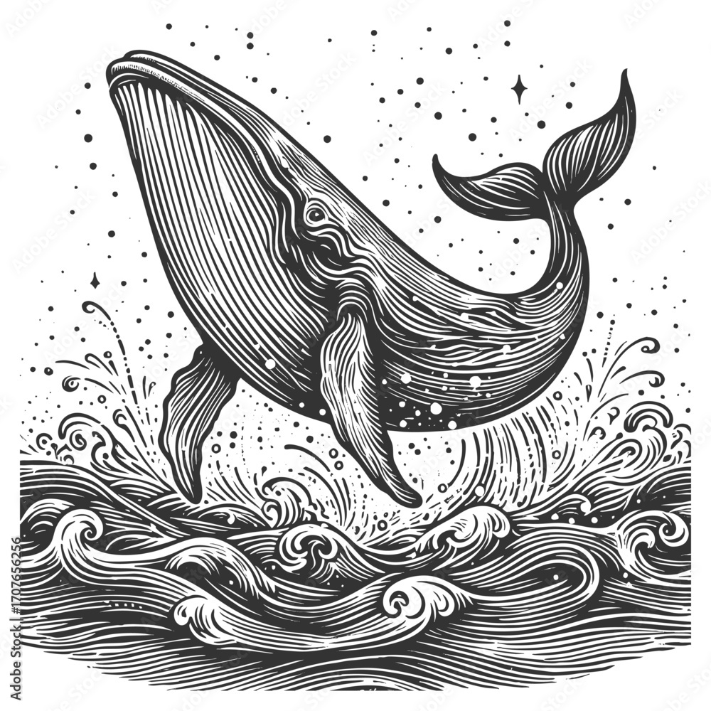 Aufkleber whale breaching the sea, surrounded by splashing waves and flying seabirds in retro style sketch eng