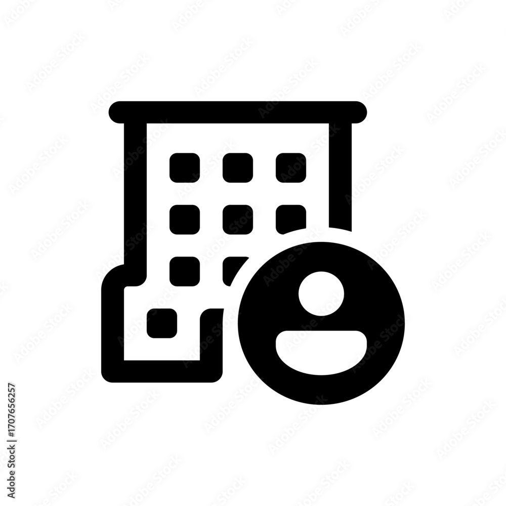 Poster black and white icon showing a calendar with grid and a person icon overlapping the calendar view de