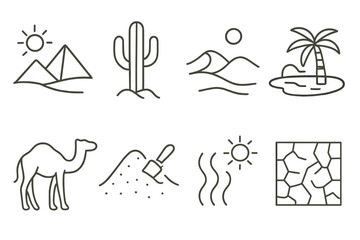 Desert icons: camel, cactus, sand dunes, palm tree, sun, heat, dry land