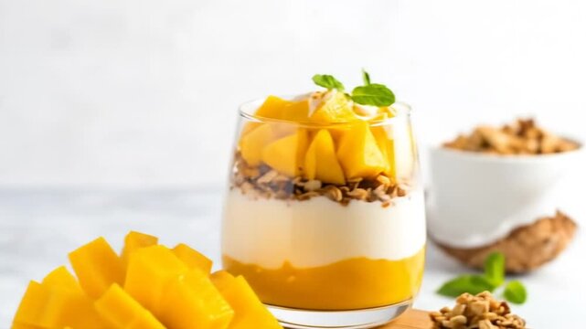Mango parfait with granola and mango pieces.