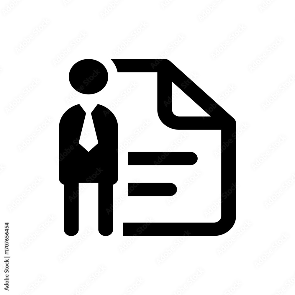 Poster silhouette of a person in a suit standing next to a document with text lines and a folded corner des