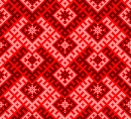 Traditional Ukrainian ornament vector, red and black cross-stitch seamless pattern, ethnic vyshyvanka embroidery, folk geometric background for print, fabric, clothing, website, banner