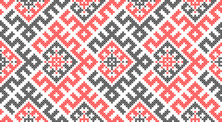 Traditional Ukrainian ornament vector, red and black cross-stitch seamless pattern, ethnic vyshyvanka embroidery, folk geometric background for print, fabric, clothing, website, banner