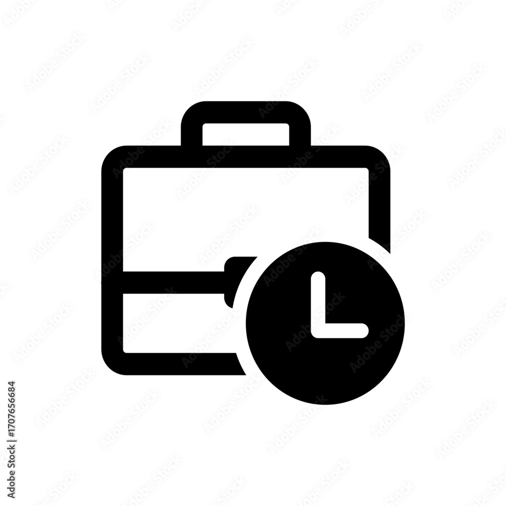 Poster black and white graphic of a briefcase with a handle and a circular clock face to the right side of 