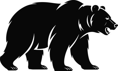 Fierce roaring bear silhouette in side view, wild animal black vector illustration isolated on white background, symbol of strength