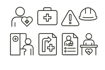 Fototapeta premium Medical and safety icons set including health and safety equipment and emergency symbols