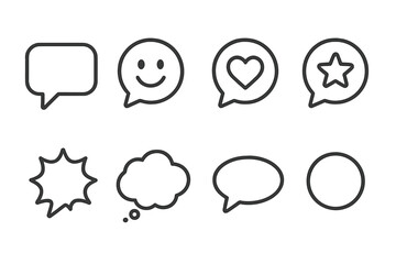 Minimalist chat bubbles and icons: speech, smiley, heart, star, burst