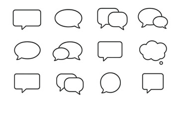 Collection of 12 different blank speech and thought bubbles in simple black outlines