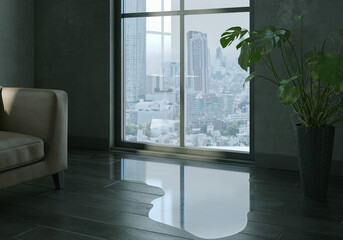 Water leaking and flooded on black wood parquet floor. 