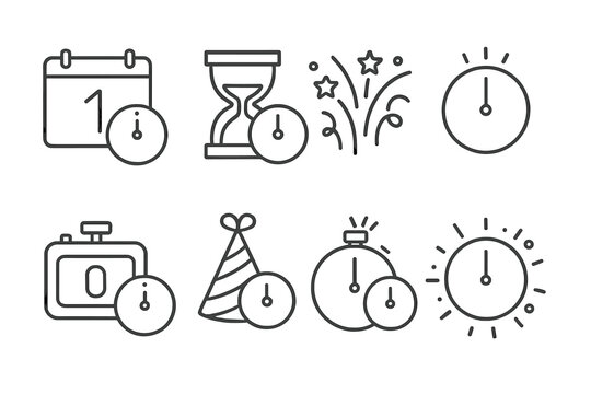 Line art icons of clocks calendars party hats celebrating time