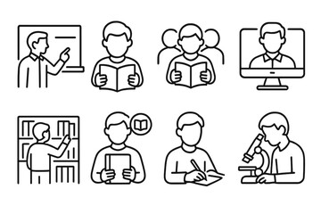 Line art illustrations of education and learning activities