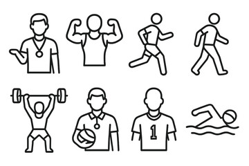 Line icons of male athletes engaging in various sports activities