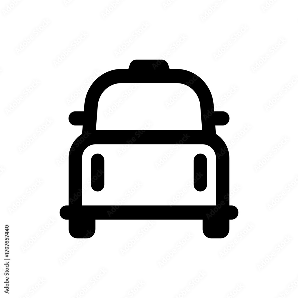 Poster illustration of a black taxi cab with rounded features and a simple design viewed from the front sid