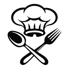 Chef's hat sits above a crossed fork and spoon in black silhouette