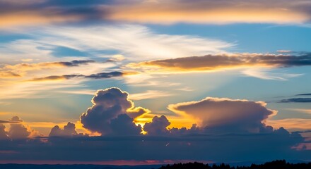 Fototapeta premium Dramatic sunset sky filled with colorful clouds, showcasing a captivating interplay of light and shadow.