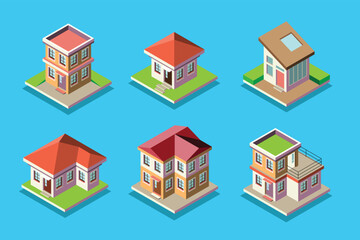 Modern isometric house vector set, contemporary architecture illustration