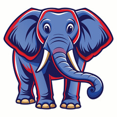 Cute blue elephant with red stripes and white tusks stands playfully on white