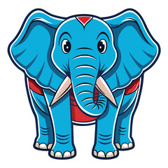 Cute cartoon blue elephant with red accent mark stands calmly against a white background