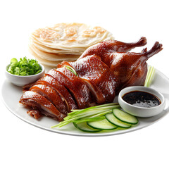 Delicious Peking duck dish presents shiny skin, sliced meat, sauce and wraps on white plate.