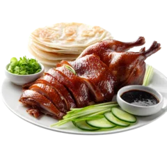 Crédence de cuisine Pékin Delicious Peking duck dish presents shiny skin, sliced meat, sauce and wraps on white plate.  © Muarastock