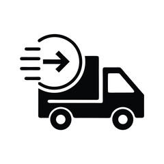 Delivery truck with arrow and speed lines showing fast shipping icon in black