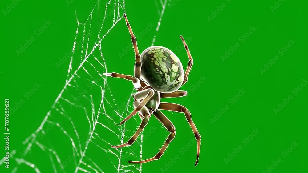 Wall mural green screen video element: realistic spider on its intricate web against a bright chroma key backgr