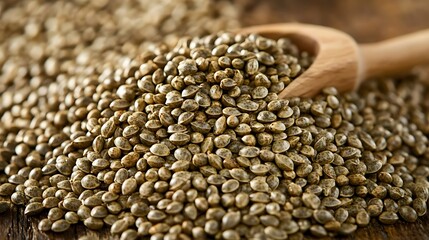 Heap of dried organic hemp seeds or cannabis plant seeds