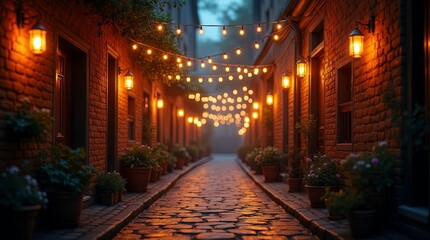 Fototapeta premium cinematic night alley scene narrow cobblestone street illuminated with glowing yellow light strings and lamps