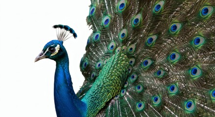 Obraz premium Peacock in Splendor Majestic Display of Feathers Against Pure White Backdrop.