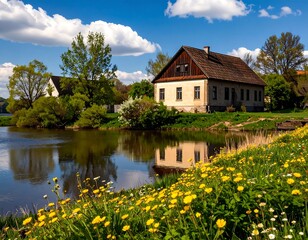 Obraz premium Rustic farmhouse by a tranquil river