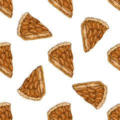 Hand drawn vintage seamless pattern of pecan nut pie slices with baked crust in brown color isolated vector