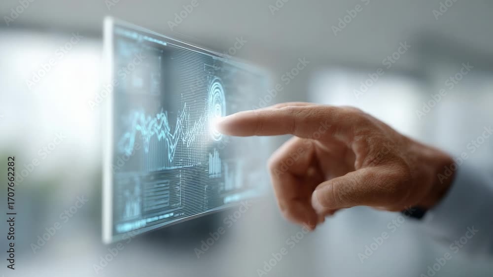 Poster professional working with holographic interface, touching translucent screen, analyzing digital char