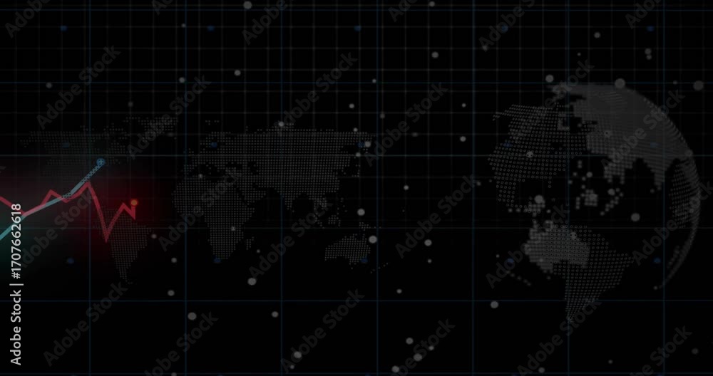 Poster grid overlay appearing, red and cyan lines sliding in charting data trends while globe rotating