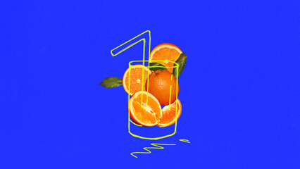 Bright artwork. Orange juice sketch concept with citrus slices on blue background. Concept of juice advertising, packaging design, tropical beverage promotion, healthy diet, and vibrant lifestyle.