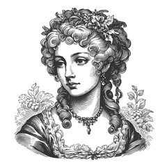 18th century woman portrait with curly hair sketch engraving generative ai fictional character vector illustration. Scratch board imitation. Black and white image.