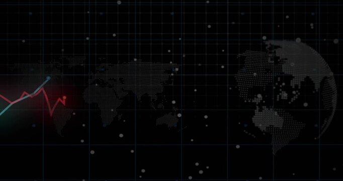 Grid overlay appearing, red and cyan lines sliding in charting data trends while globe rotating