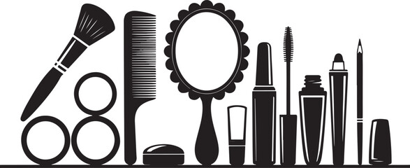 Elegant black silhouette icons of makeup and haircare tools including brush, comb, mirror, and cosmetics, perfect for beauty designs.