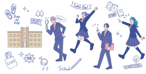 制服を着た高校生たちのスクールライフセット