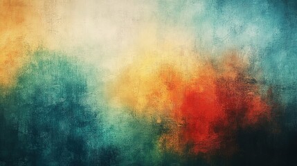 Fototapeta premium Vintage Impressionist Abstract Background: Canvas Texture (Soft Green/Blue/Orange/Yellow/Light Red), Blurred Brushstrokes + Watercolor Vibe + Old Paper Grain – Ideal for Retro Design, Art Materials