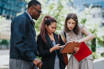 Three diverse business people discussing work outdoors, holding folders and a digital device. The scene captures teamwork and professional collaboration in a modern environment.