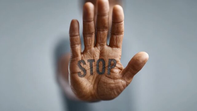 Close up of a hand showing the word stop in bold letters, symbolizing resistance and protest against immigration raids and civil unrest in the usa